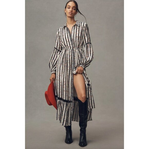 Anthropologie Printed Buttondown Midi Shirt Dress Size Small Floral Accents - Picture 1 of 6